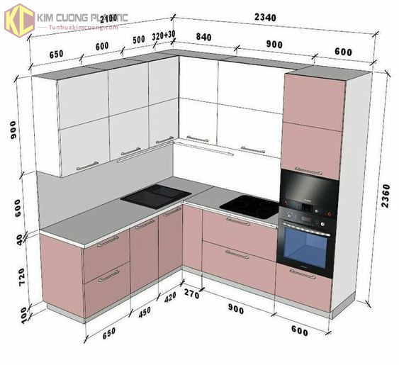 Mẫu thiết kế thông số Tủ bếp nhựa chữ L tone hồng